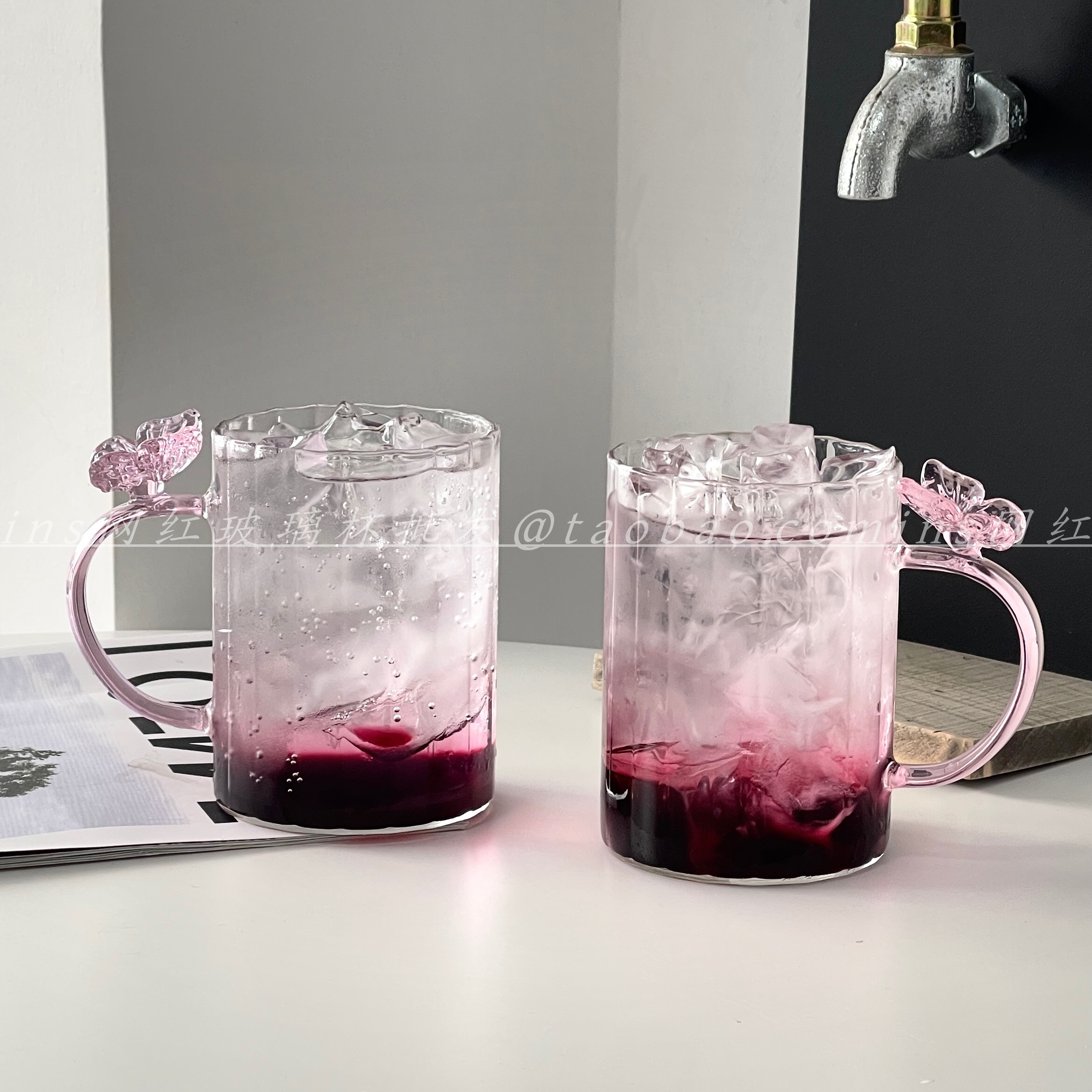 玻璃蝴蝶杯家用水杯果汁饮品杯