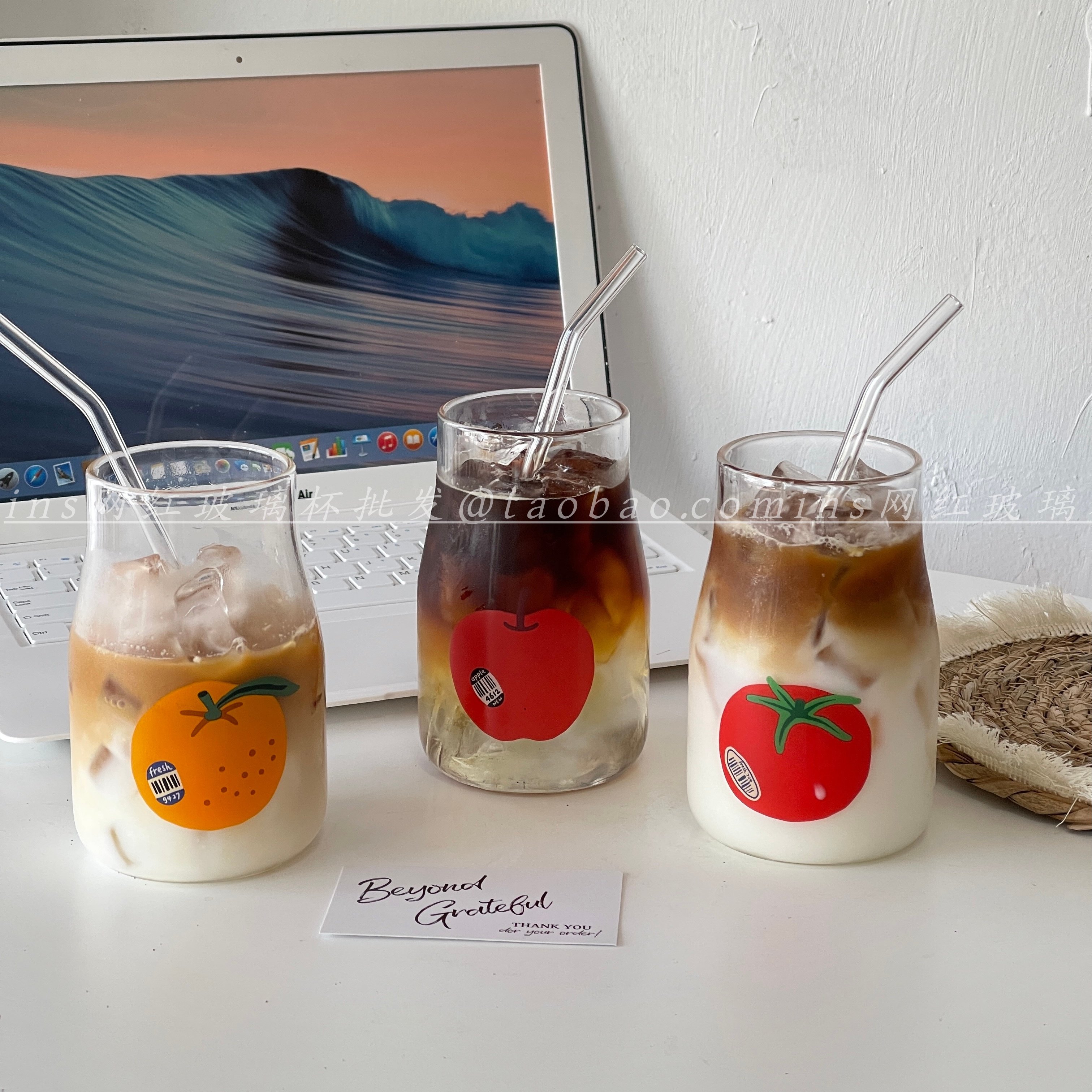 牛奶瓶造型卡通玻璃杯苹果番茄橘子印花耐高温水杯咖啡杯礼物杯子