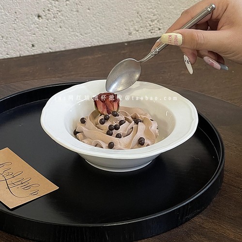 法式ins陶瓷纯色花边碗