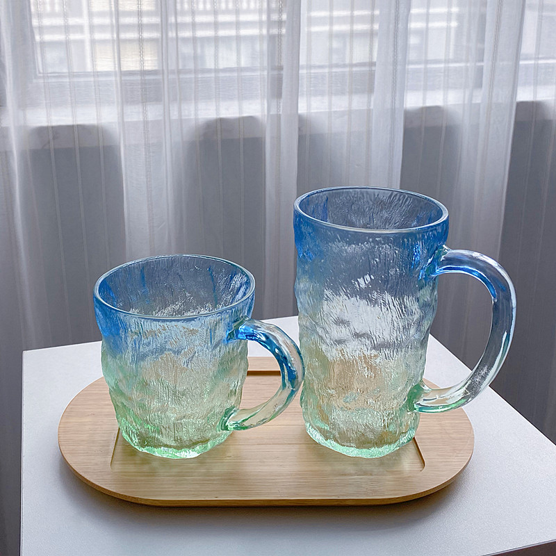 冰川纹喝水玻璃杯带把手