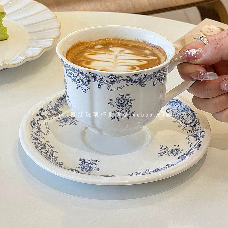 中古国风手绘青花陶瓷咖啡杯碟