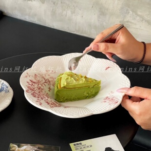 法式碗盘餐盘复古海棠花瓣深盘子陶瓷甜品家用餐具盘子ins高颜值