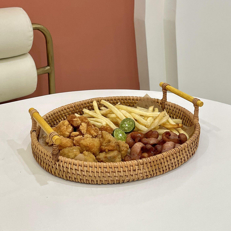 ins藤编双耳水果盘椭圆形户外野餐手工编织篮点心面包筐糕点托盘