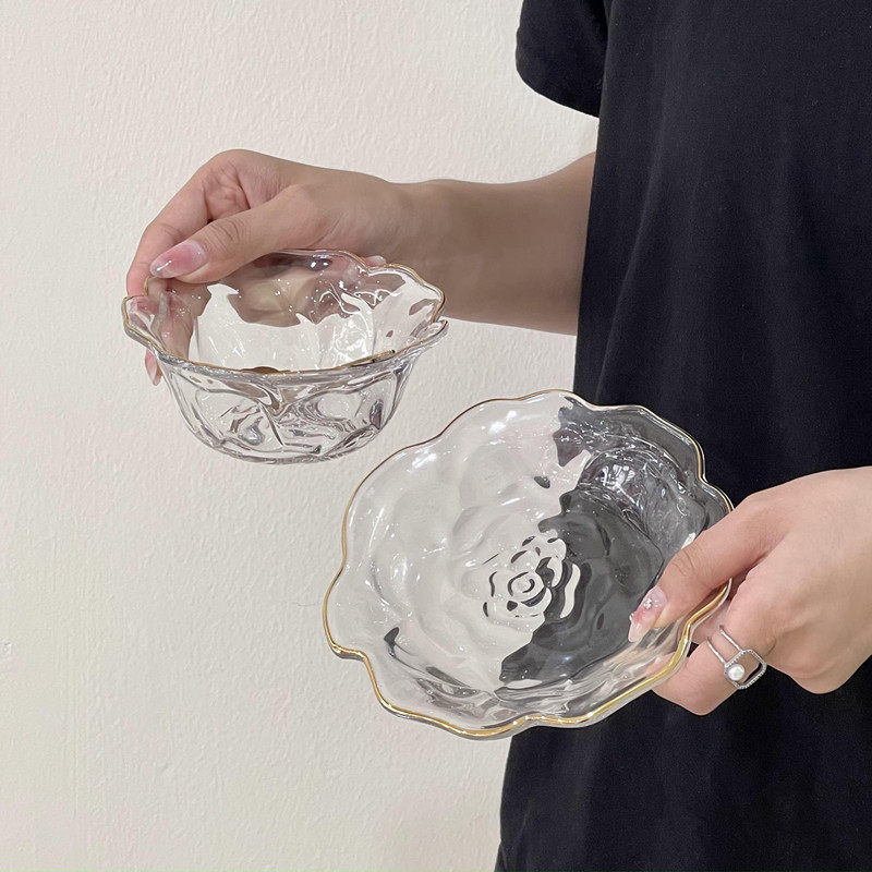 玻璃轻奢ins风浮雕玫瑰花甜品碗