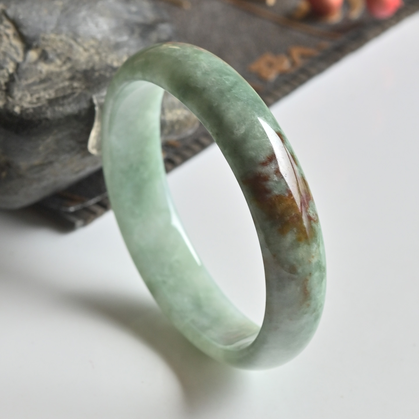 清仓天然a货翡翠手镯52糯种双彩玉镯子女椭圆缅甸玉石手镯贵妃镯