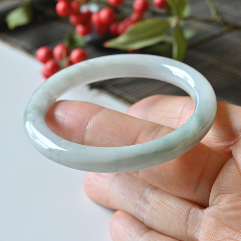 清仓缅甸天然A货翡翠手镯叮当镯56冰糯种浅色玉镯子圆条一物一图