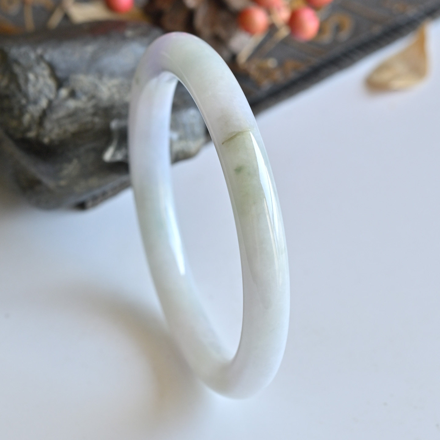 清仓缅甸天然A货翡翠手镯57.5冰糯种淡紫玉镯子少女圆条一物一图