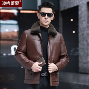 海宁头层牛皮真皮皮衣男水貂翻领中年皮夹克加厚羽绒内胆可脱卸冬