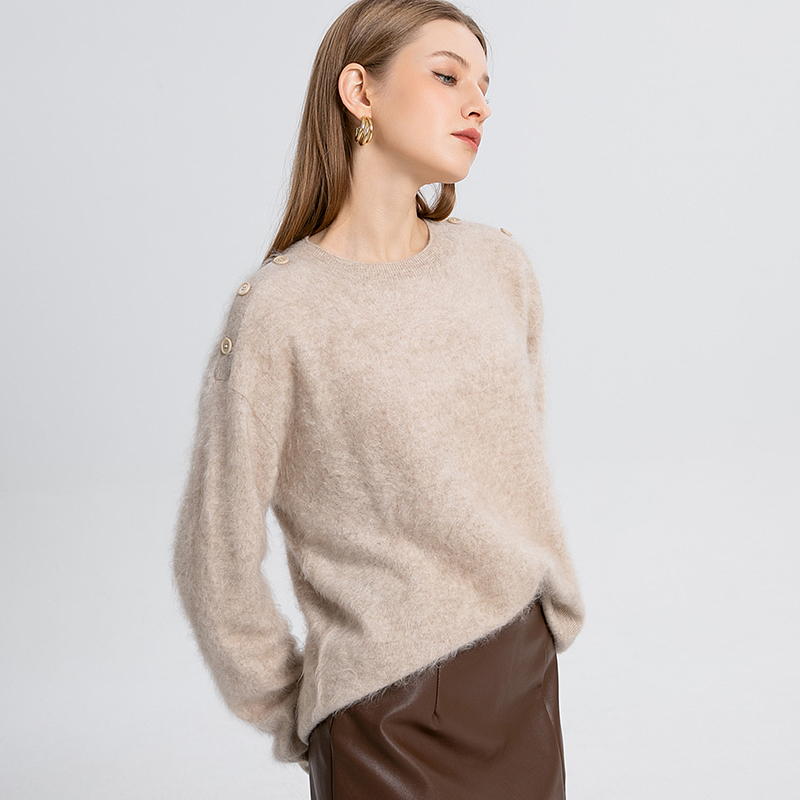 长袖钮扣圆领英伦100%山羊绒