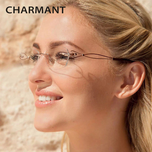 Charmant夏蒙眼镜线钛水晶无框女