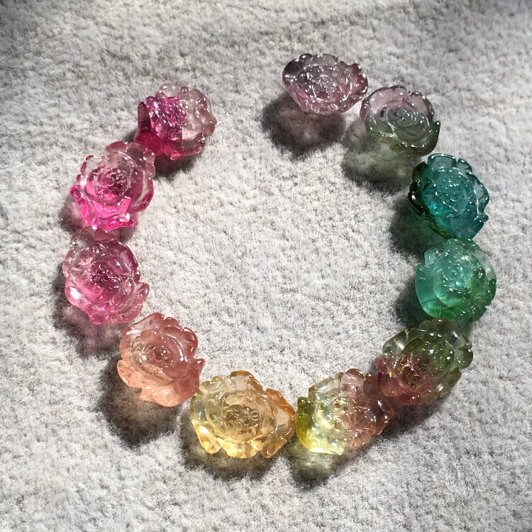 {客订结缘}天然碧玺牡丹花朵戒面 炫彩西瓜彩虹 手链手镯锁骨18k
