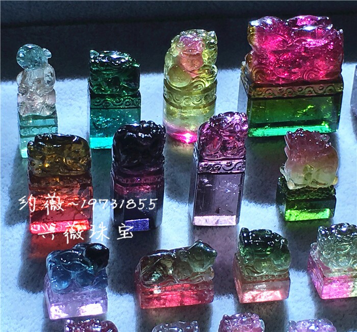 天然碧玺印章 吊坠西瓜碧玺 貔貅兔兔猴子鼠 迷你定制款 精工雕刻