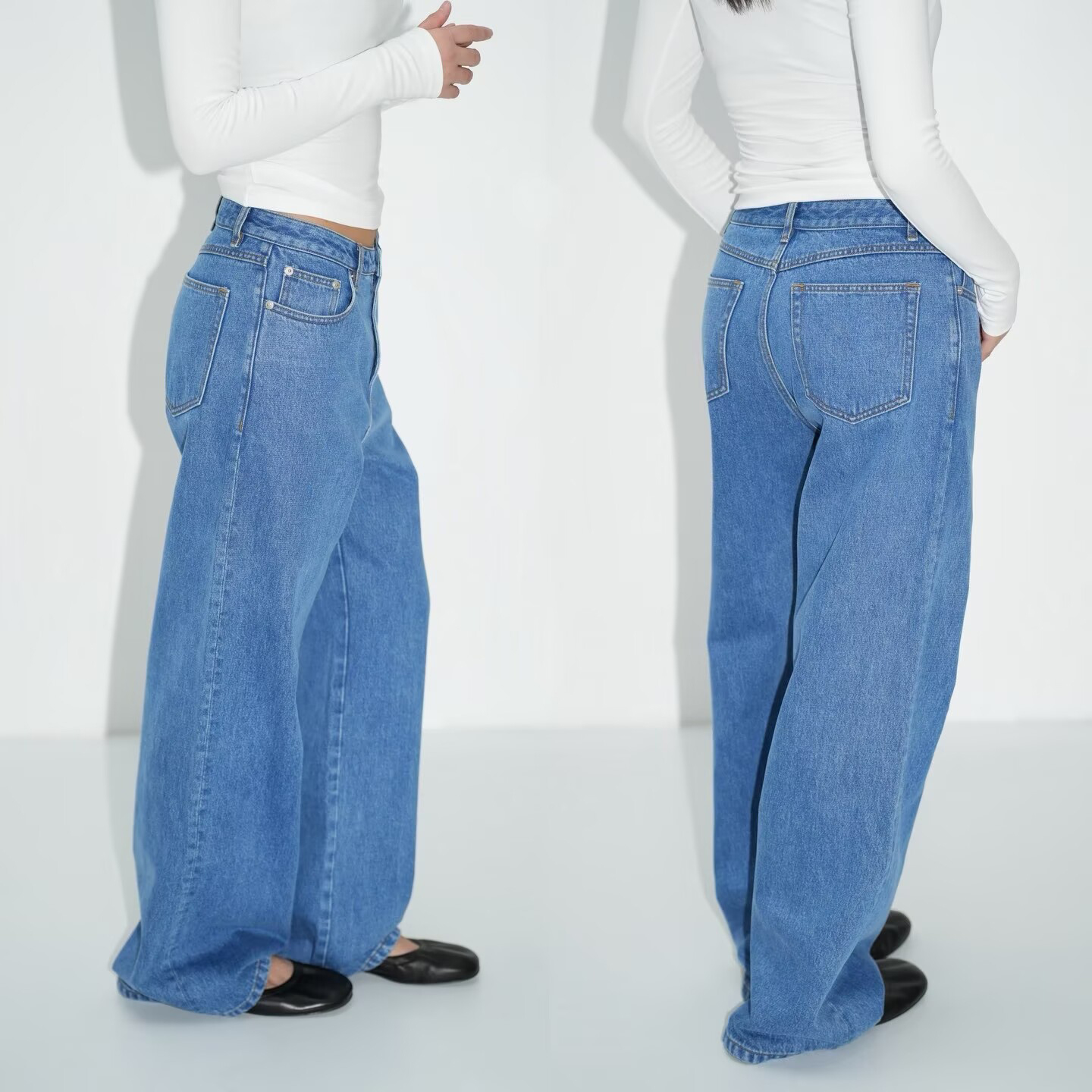 WellD 80s VTG 厚实感  水洗复古蓝经典直筒宽松牛仔长裤女阔腿裤