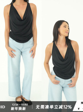 WellD  时装款  铜氨丝超垂无袖荡领背心女高级优雅时髦性感上衣