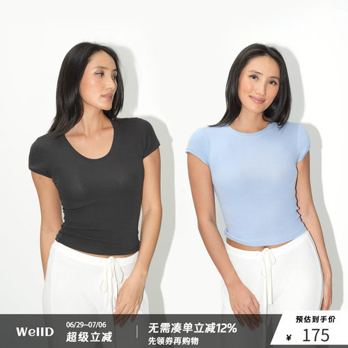 WellD 亚麻+棉正肩收腰高弹拼接袖基础圆领/U领T恤女简约百搭短袖