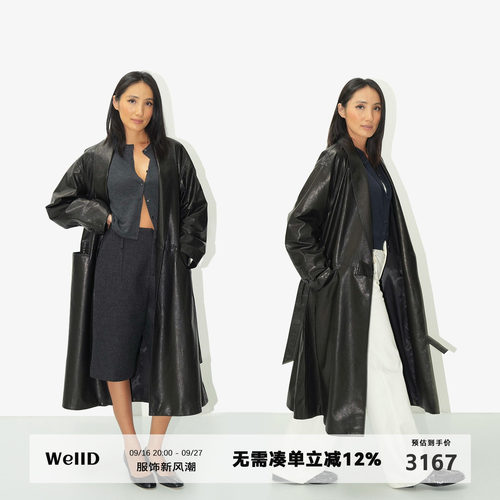 WellD 【时装档案】黑标系列 油蜡绵羊皮薄款长款风衣皮衣外套女