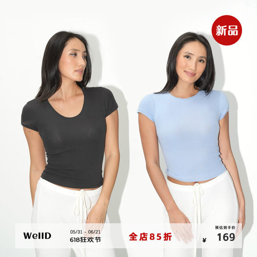 WellD 亚麻+棉正肩收腰高弹拼接袖基础圆领/U领T恤女简约百搭短袖