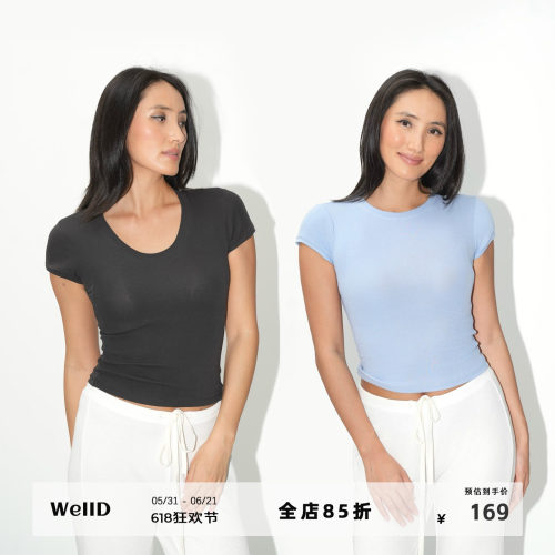 WellD 亚麻+棉正肩收腰高弹拼接袖基础圆领/U领T恤女简约百搭短袖