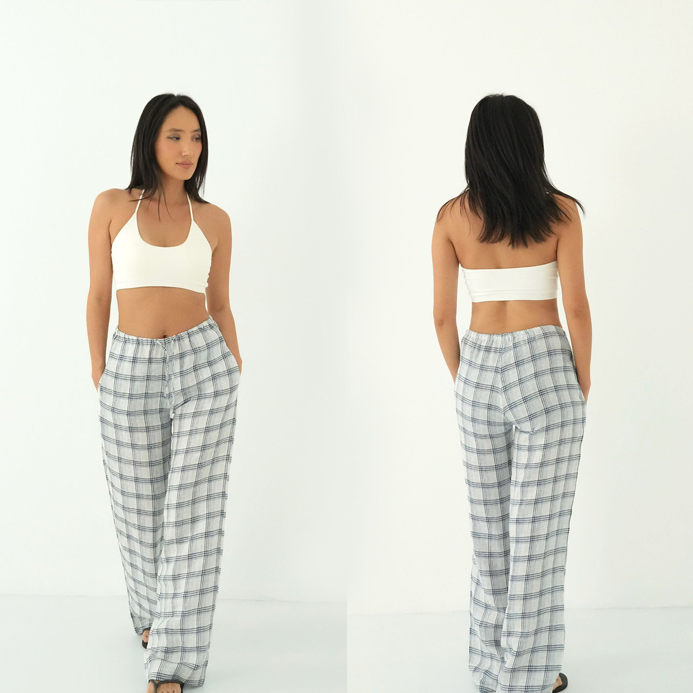 WellD 100%亚麻 宽松慵懒随意休闲格子老钱风长裤女松紧腰直筒裤,女装/女士精品,休闲裤,淘宝优惠券,粉丝福利购,淘宝优惠卷