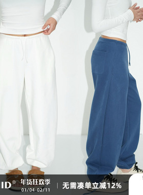 WellD 基本款  2ways穿法磨毛直筒抽绳卫裤女时尚休闲运动长裤子