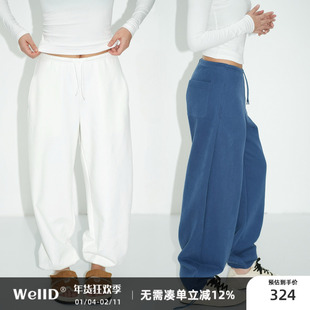 WellD 基本款 2ways穿法磨毛直筒抽绳卫裤女时尚休闲运动长裤子
