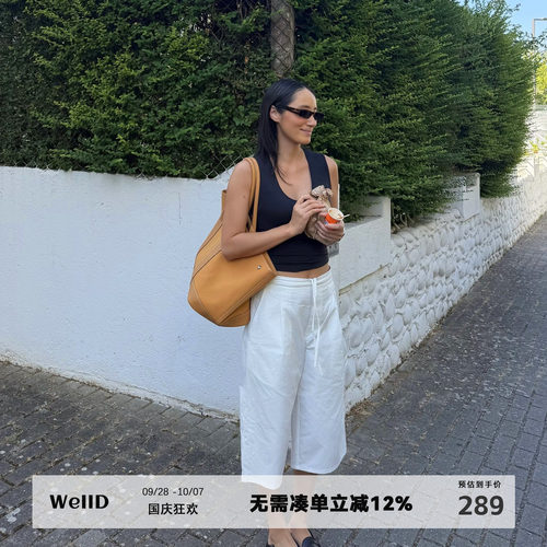WellD 时髦R0W风 打褶抽绳工装休闲中裤女极简高级感百搭宽松裤子