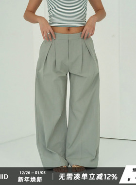 WellD 100%棉工装风立体分割褶皱休闲洗水直筒长裤时尚百搭阔腿裤