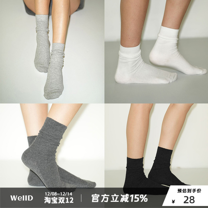 WellD 4色夏季薄款棉袜中筒袜长袜竖条纹纯棉配小皮鞋袜子