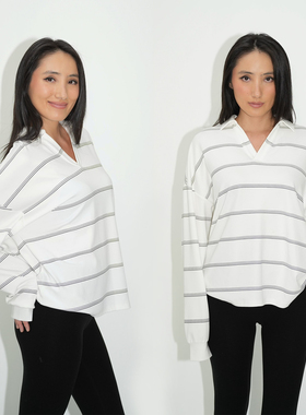 WellD 云朵空气感，V领条纹宽松收口袖POLO衫T恤简约宽松长袖上衣