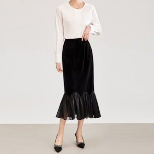 SZMLZD莉莉法式浪漫花边拼接丝绒松紧腰气质显瘦半身裙女春下装