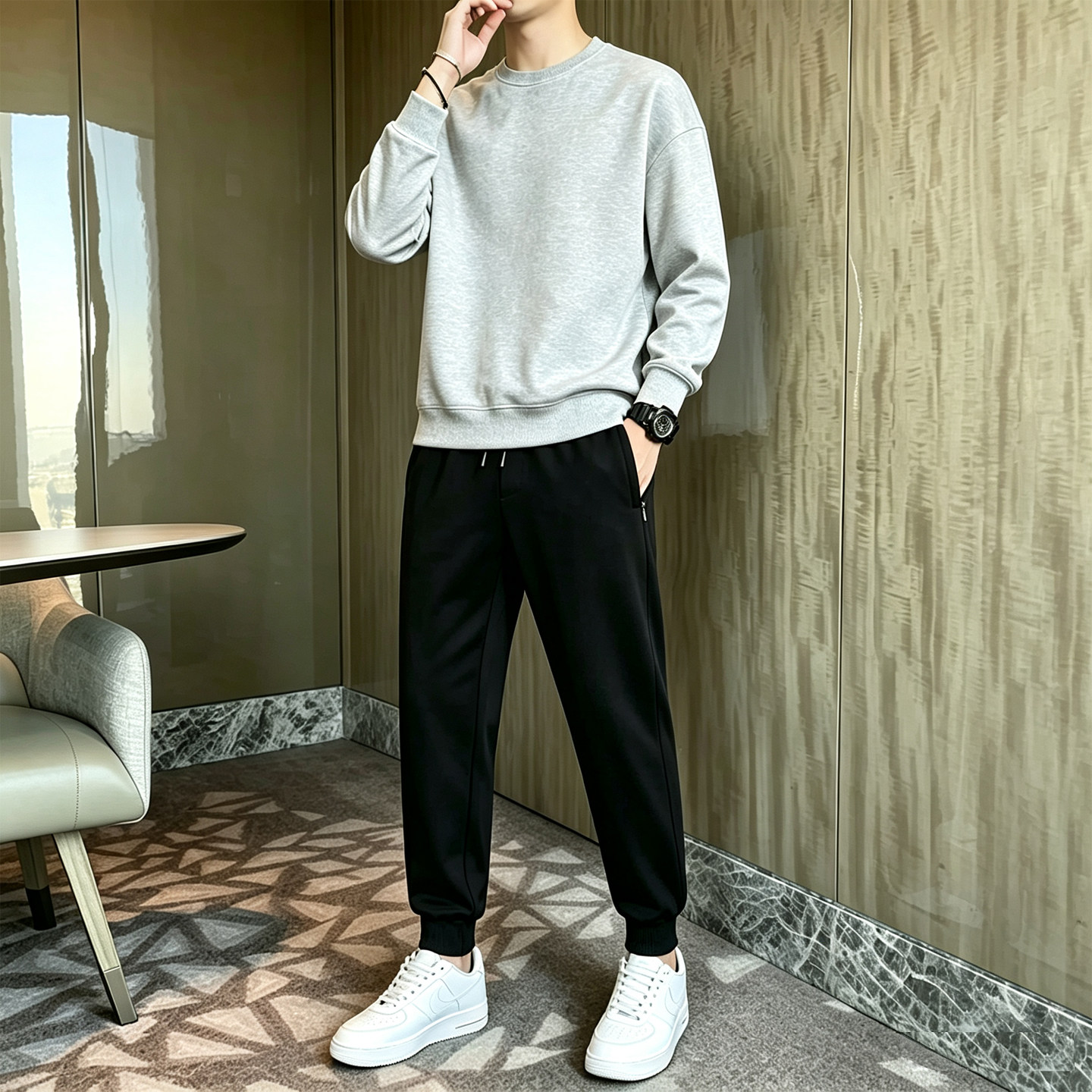 运动套装男士春秋宽松大码休闲运动服冬季加绒纯棉卫衣裤子两件套