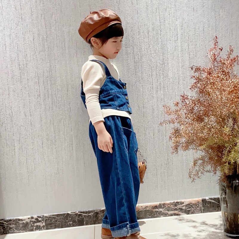 女童吊带马甲上衣马褂牛仔布两件套阔腿裤不加绒牛仔衣牛仔裤甩裤