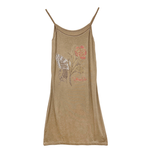 海巫风流浪波嬉风波西米亚复古红玫瑰烫钻做旧洗水无袖 吊带连衣裙