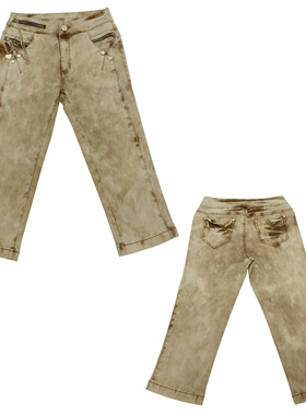 90s复古涩谷辣妹外贸美式机能链条土黄色低腰休闲牛仔七分裤子女