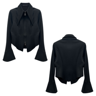 品牌单 拉链设计感显瘦气质外套 黑色收腰短外套女喇叭袖