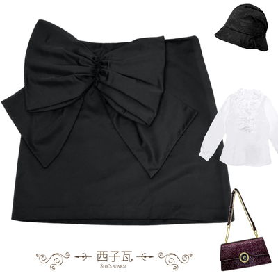 复古昭和百搭通勤黑色蝴蝶结立体装饰短裙