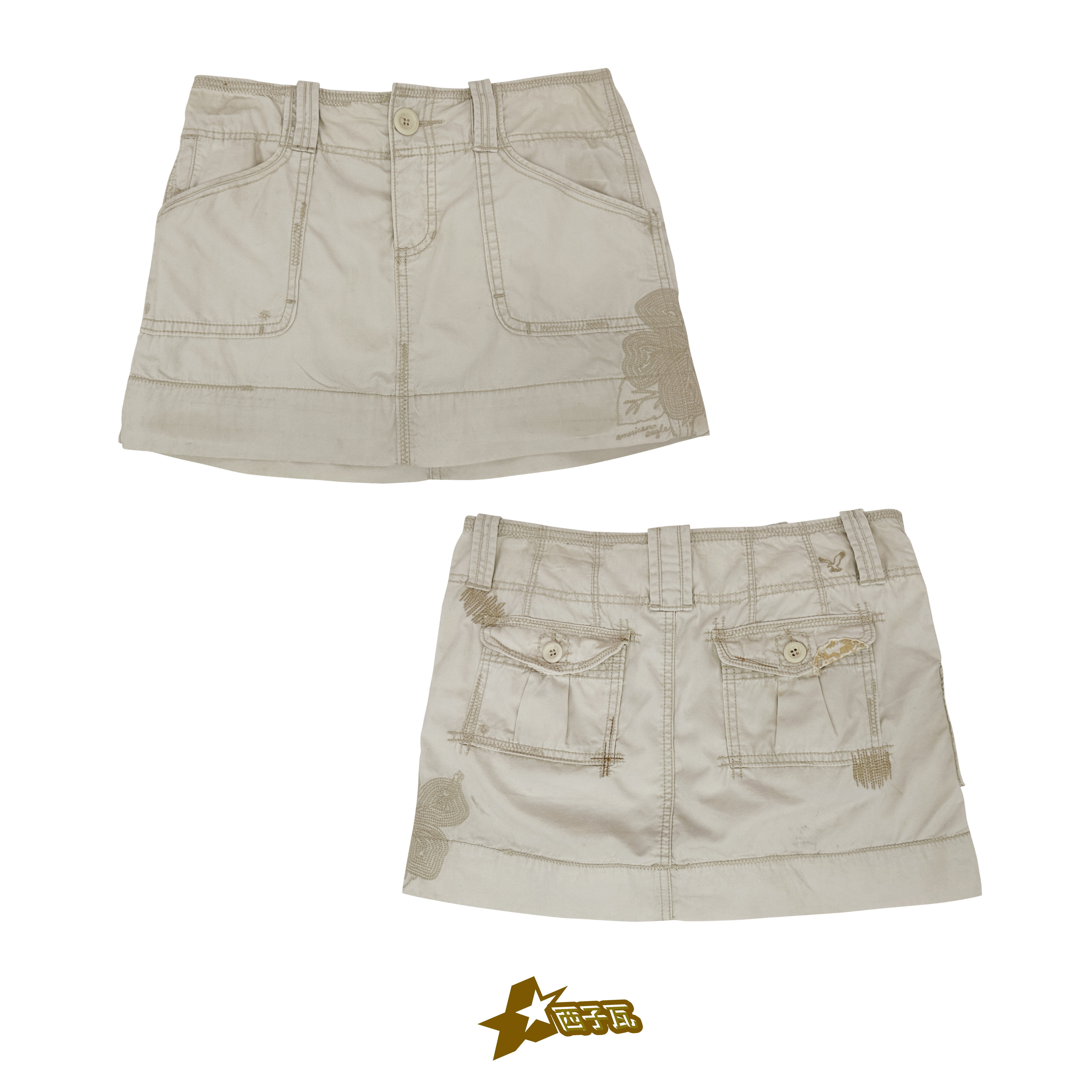 外贸品牌单夏辣妹复古街头休闲杏色刺绣低腰工装裙短裙半身裙