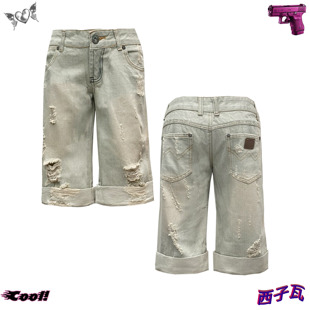 复古辣妹高街街头嬉皮浅色破洞低腰休闲牛仔中裤 瑕疵特价 夏美式