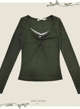 日系早古韩版秋冬复古褶皱蕾丝花边长袖圆领打底衫修身上衣T恤女