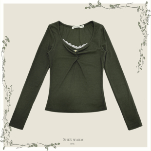 修身 圆领打底衫 上衣T恤女 秋冬复古褶皱蕾丝花边长袖 日系早古韩版