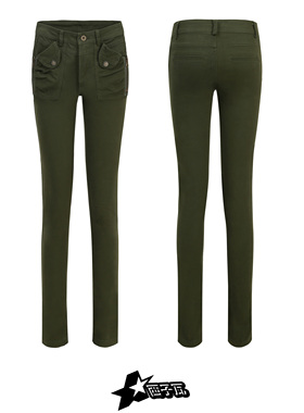 秋街头潮流美式复古工装军旅机车军绿色超低腰休闲铅笔裤靴裤女