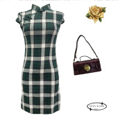 民国风复古绿色格子收腰无弹短款 旗袍连衣裙