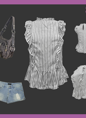 Y2K复古千禧夏街头木耳边白色银丝透气设计感套头无袖衬衣小衫