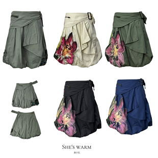 高品质外贸单夏复古小众个性 休闲百搭重工印花刺绣纯棉低腰花苞裙