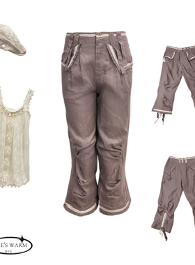 韩版早古早韩蒸汽朋克马术复古褶皱麻料中腰休闲微喇七分裤马裤女