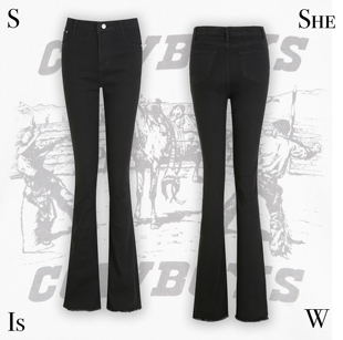 女 黑色酷辣妹嬉皮基础弹力紧身高腰休闲微喇叭裤 中大码 高个长款