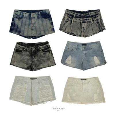 街头辣妹复古纯棉无弹超低腰牛仔短裤短裙集合
