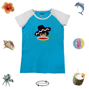 瑕疵特价 圆领纯棉T恤女 古早千禧轻亚卡通印花白蓝撞色短袖