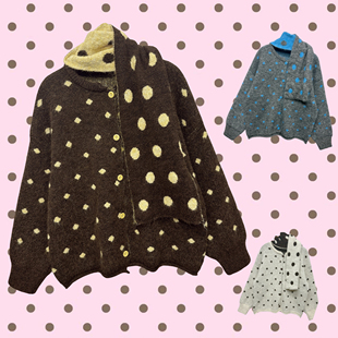 外套 可爱千禧风撞色波点围巾毛衣宽松慵懒风针织开衫 2025冬季 新款