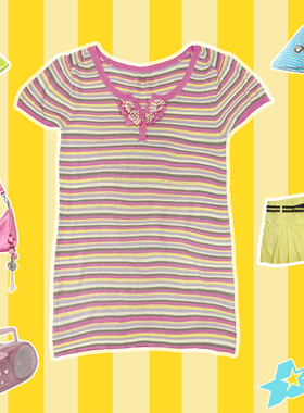 可露丽风多巴胺夏日彩虹Y2K千禧彩色条纹弹力短袖上衣薄针织衫